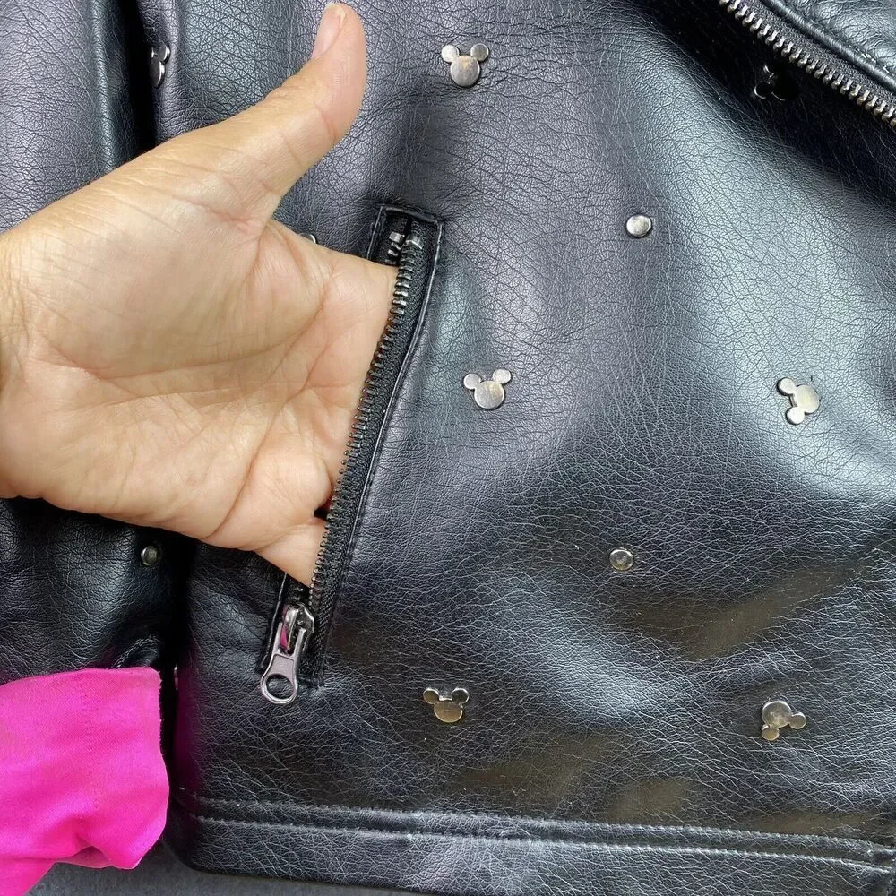 Disney Moto Zip Faux Leather Mickey Mouse Studded Jacket Size 9-10 Black Pink